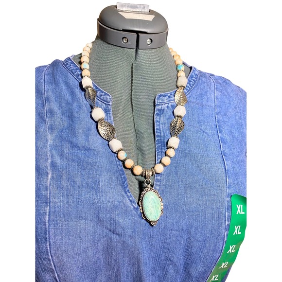 Artisan Jewelry - 925 Sterling Silver Amazonite Pendant Beaded Statement Necklace Boho Artisan